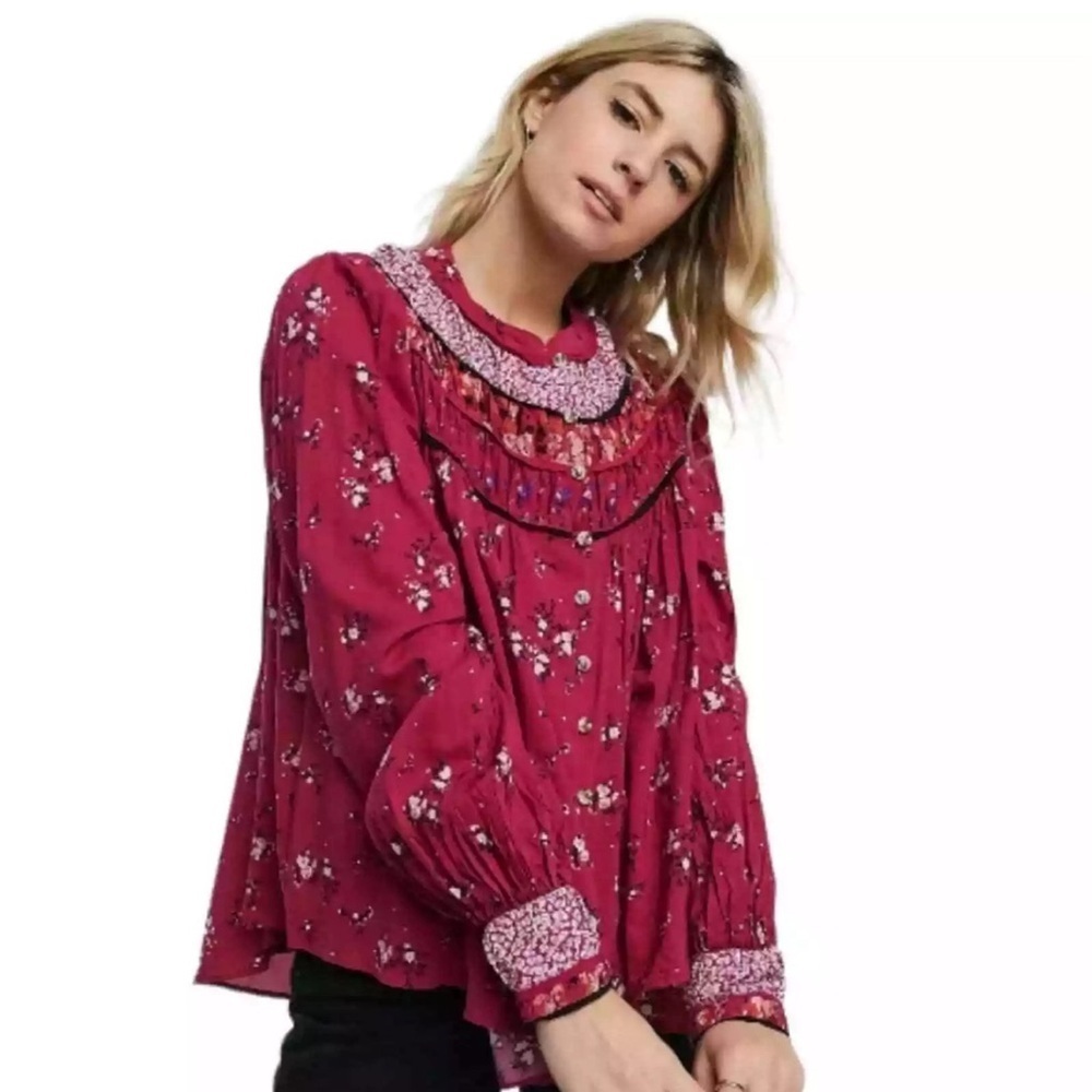 Free People‎ Paloma Printed Blouse Top Size SM Berry Combo Floral Peasant Boho￼